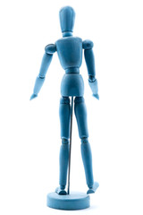 Blue standing back wooden puppet Check hand  with the other person, white background or isolated