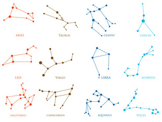 Set of zodiac constellations. Horoscope set: Aries, Leo, Sagittarius, Capricorn, Taurus, Virgo, Libra, Aquarius, Gemini, Cancer, Scorpio, Pisces. Vector Illustration