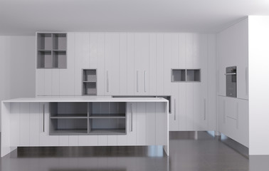 Fototapeta na wymiar 3d rendering of new white kitchen cabinet