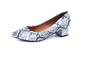 Elegant high heel snake skin woman shoes isolated on white background