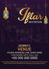 Obraz premium Iftar invitation card design with hanging illuminated lanterns on purple background.Party celebration Poster, Banner or Flyer design.