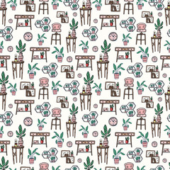 Hand drawn Seamless pattern. Interior, furniture, potted flowers, flower shelves, photo frames, pillows. Vector illustration in doodle color style. Background for posters, textiles, wallpaper.