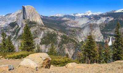 Looking at Half Dome and Yosemite Falls from Glacier Point in Yosemite National Park