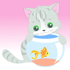 Cute little cat and fish vector character illustration. Kitten collection