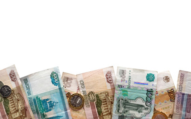 Background with Russian money and place for text. Rubles are located at the bottom of a white background.