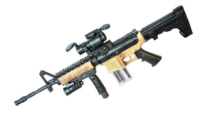 Linda arma de brinquedo em miniatura isolada em fundo branco com carregador transparente, lanterna,...