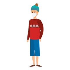 young man with coat using face mask isolated icon vector illustration design