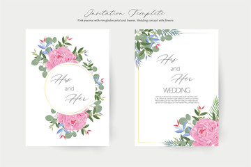 Floral Wedding Invitation Card, thank you card, vector Design with flower pink paeonia with rim goldens petal and leaves. Wedding concept with flowers. Floral poster. Vector inviting card design