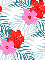 Floral vector pattern, vector Design with Shoe Flower, Hibiscus, Chinese rose and palm leaves.  Pattern is clean for fabric, wallpaper, printing. Pattern is on swatches panel © milezaway