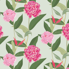 Floral vector pattern, vector Design with flower pink paeonia with rim goldens petal and leaves.  Pattern is clean for fabric, wallpaper, printing. Pattern is on swatches panel