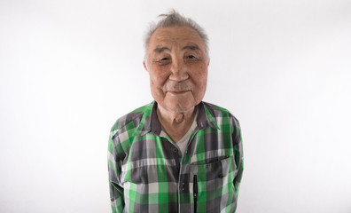 closeup portrait of an old man on a white background