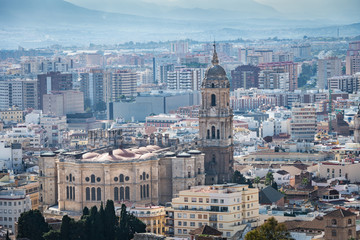 Cityscape of Malaga on a cloudy Winter day, with the cathedral and some of the main monuments to be recognised.