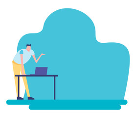 Сourses male explaining material vector. Person with explanation of tasks, tutor for students to be educated, distant study. Education concept. Vector Illustration 