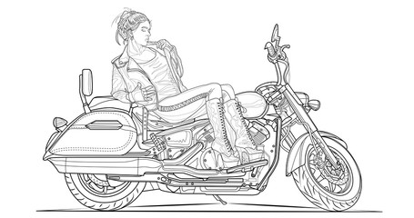 Girl on motorcycle adult coloring page. Stroke without fill. Classic bike. Vector illustration. High speed vehicle. Graphic element. Black contour sketch illustrate Isolated on white background