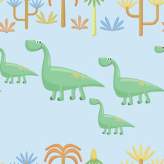 Seamless pattern of cute flat dinosaurs on a blue background.