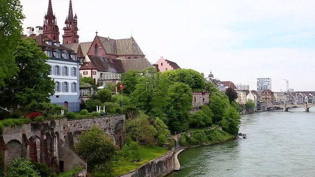 Basel, view of grossbasel  and the gothic cathedral from Wettstein bridge