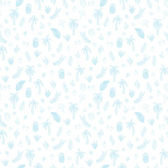 Vector pastel blue textured tropical scene seamless pattern background