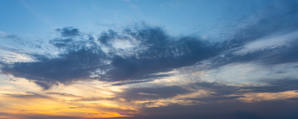 Panoramic cloudscape of dramatic blue sky and clouds at twilight 