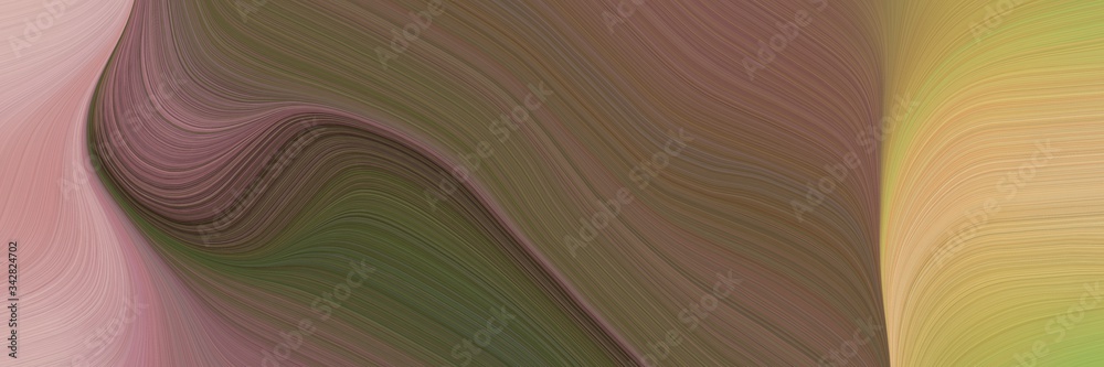 Poster abstract modern horizontal banner with dark olive green, tan and dark khaki colors. fluid curved lines with dynamic flowing waves and curves