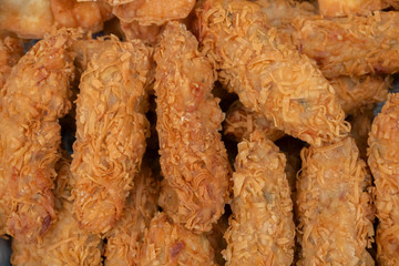 Chicken rolls are being sold at Territy Bazar, Kolkata. Chicken wrapped and fried with a slight crispy outer layer. Popular items for chinese breakfast.
