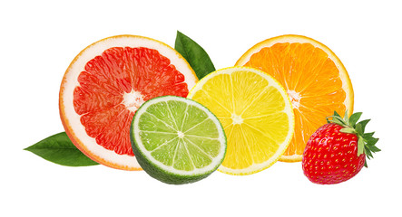 Citrus Fruit Set orange, grapefruit, lime, lemon and strawberry. isolated on white background.