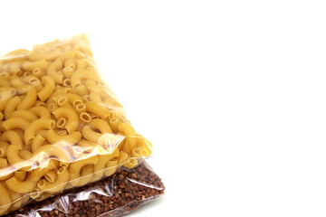 Buckwheat and pasta in polythene bags
