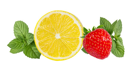 lemon,mint and strawberry. isolated on white background
