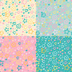 Fototapeta na wymiar Set of seamless baby patterns of colorful stars, flowers and hearts of spring and pastel colors: green, yellow, pink. 