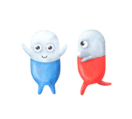 Red and blue pill. Funny medical characters. Children's illustration of a tablet with hands and feet. Stock image isolated on a white background. Fun capsules, vitamins. . Stock image . 