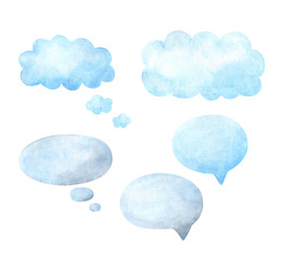 The Speech Balloon. A set of templates with space for text. Watercolor frames for replicas. Blue and gray callouts isolated on a white background. Stock image.