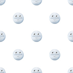 Seamless pattern with white tablets. Funny medical characters. Background with cartoon pills . Pharmaceutical print for fabric, packaging, design. Stock image . Funny medicines