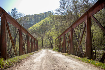 An iron rusty old vintage footbridge with dirt road in a green forest
