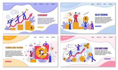 Four different Sales Training Courses posters or designs showing money and finances with emphasis on successful leadership and achievement through teamwork, colored vector illustration with copy space