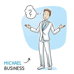  Clueless young man in business suit spreading his arms with thought bubble. Hand drawn cartoon sketch vector illustration, whiteboard marker style coloring. 