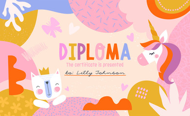 Pretty feminine pink diploma template for a girl with unicorn and little cat with crown around central copy space, vector illustration