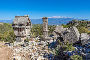 The sarcophagus in the necropolis in the ancient city of Pinara, Fethiye, Turkey.