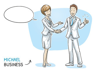  Happy young man in business clothes showing thumb up and shaking hands with a business woman. Hand drawn cartoon sketch vector illustration, whiteboard marker style coloring. 