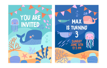 Naklejka premium Sea or nautical invitation to third birthday party with whales, octopus and fish swimming underwater and copy space for text and date, vector illustration