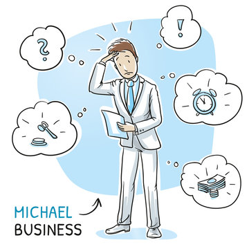  Confused young man in business suit holding a letter or document, looking concerned. Hand drawn cartoon sketch vector illustration, whiteboard marker style coloring. 