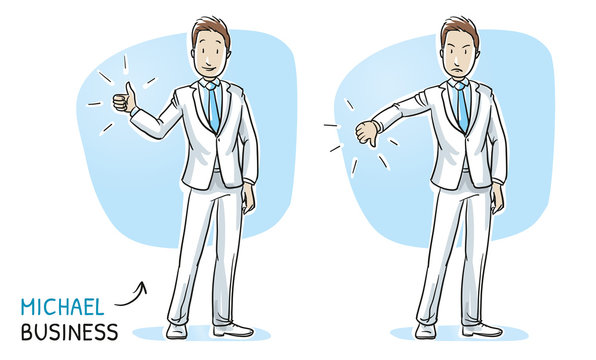 Happy and angry young man in business suit showing thumb up and down. Hand  drawn cartoon sketch vector illustration, whiteboard marker style coloring.  Stock Vector | Adobe Stock