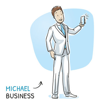 Happy young man in business suit taking a photo with his mobile phone. Hand drawn cartoon sketch vector illustration, whiteboard marker style coloring. 