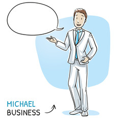 Happy young man in business suit talking and explaining something with speech bubble. Hand drawn cartoon sketch vector illustration, whiteboard marker style coloring. 