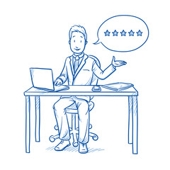 Happy business man, employee at his desk with laptop, tablet and smart phone, with five stars rating speech bubble. Hand drawn line art cartoon vector illustration 