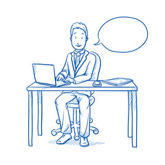 Happy business man, employee at his desk with laptop, tablet looking confident and talking with speech bubble.  Hand drawn line art cartoon vector illustration