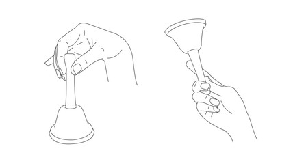 Illustration of hand holding and ringing small bell in two gesture positions, simple realistic line graphic, isolated