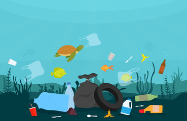 Ocean plastic pollution. Ecology problem of marine pollution. Vector illustration.