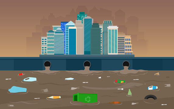Ecological pollustion environment concept. Pipe with dirty waste in the city.  Vector illustration. Flat design.