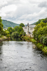 View of the river Dordogne at Bort les Orgues, a little french village in Correze, Auvergne. The...