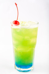 green with a blue bottom drink in a tall glass