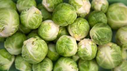 Fresh Harvest Organic Brussels Sprouts Top View Background Natural Light Selective Focus